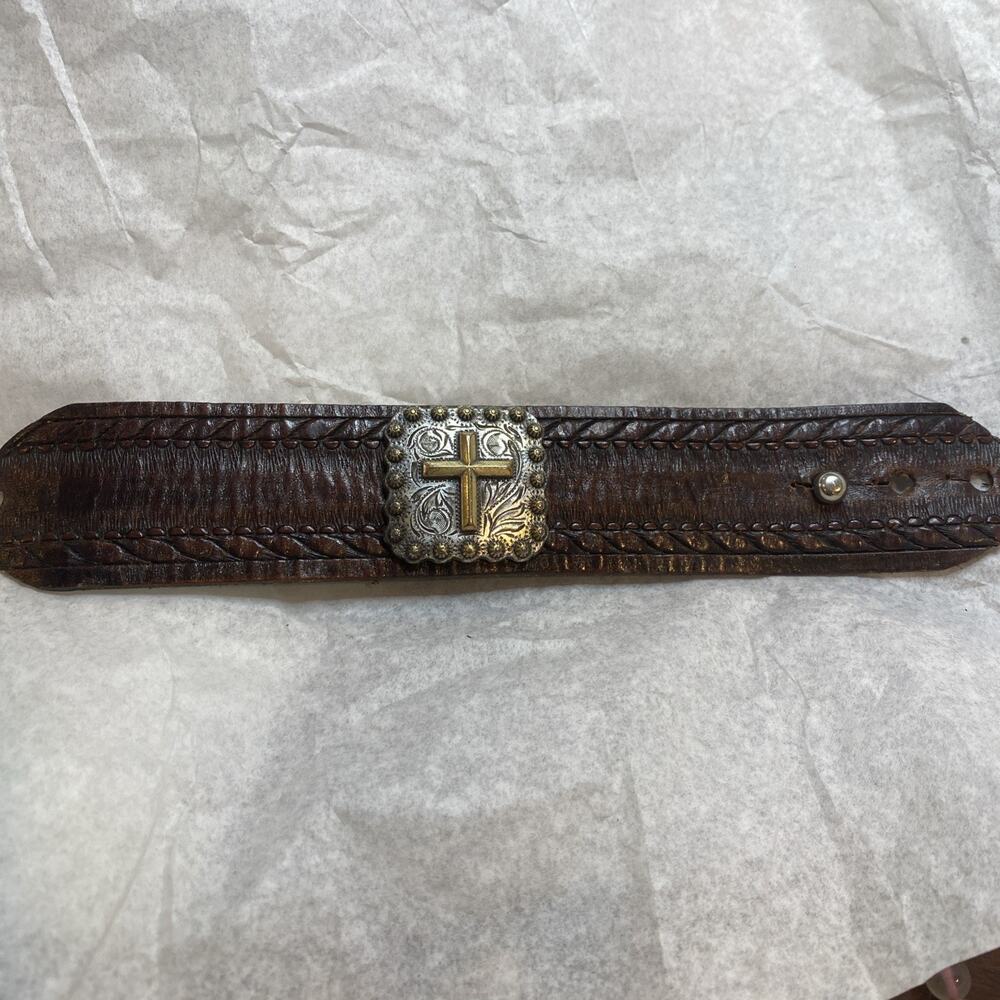 Brown Leather Cuff Bracelet Silver Tone & Gold Cross Adjustable 7-8” Boho 1.5”